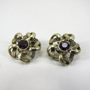 Vintage Silver Tone Double Knotted Clip-On Earrings with Amethyst Center Stone